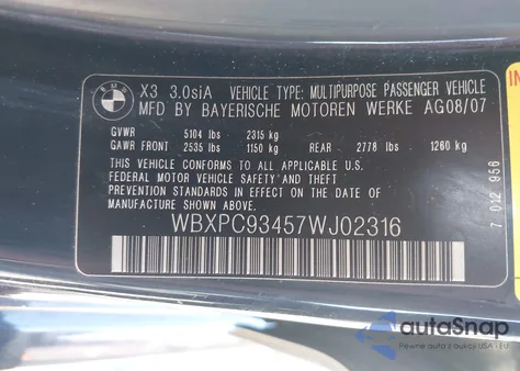 2007 BMW X3 3.0Si из США, поврежденный, VIN WBXPC93457WJ02316